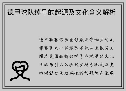 德甲球队绰号的起源及文化含义解析